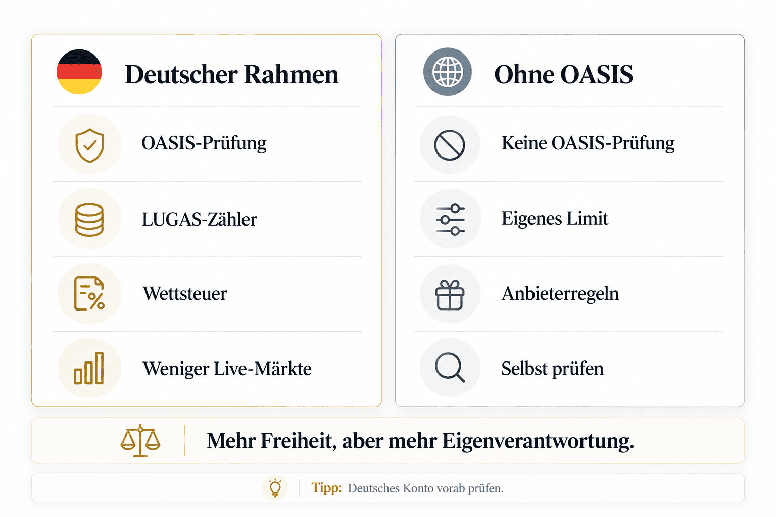 Wettanbieter ohne OASIS im Vergleich mit deutschen Buchmachern, Sperrdatei und Einzahlungszähler nebeneinander